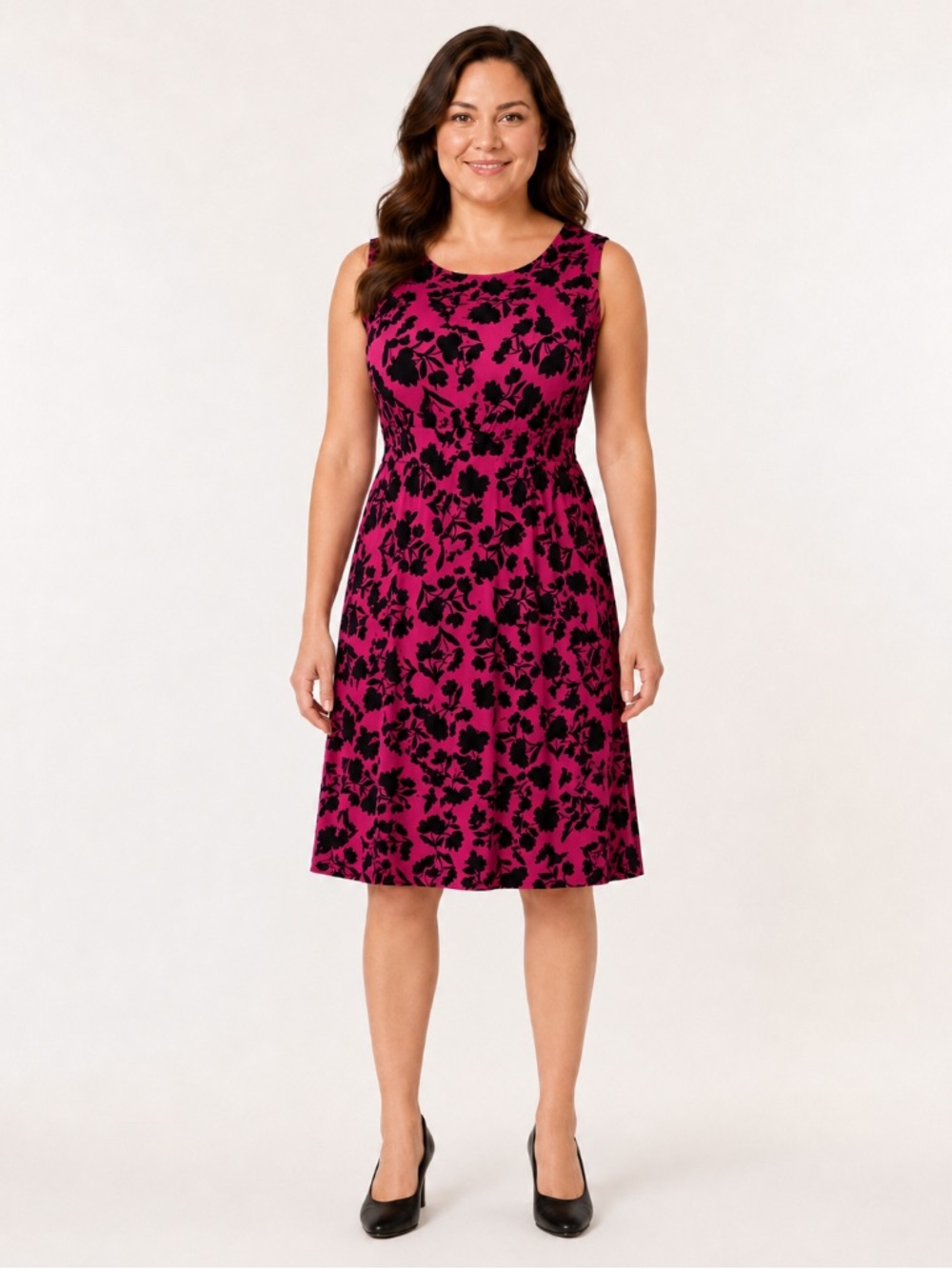 London Times Fuchsia and Black Sleeveless Floral Midi Dress